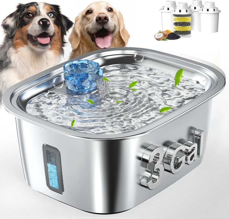 petnf Dog Water Fountain for Large Dogs - 3 Gallon Stainless Steel Dog Water Bowl Dispenser with 4 Filters, Automatic Big Extra Large Capacity Pet Water Fountain, Easy Clean with Quiet Pump - Image 1
